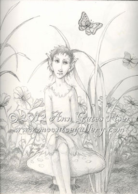 “Musings in the Daisies” 9″ x 12″ GraphiteTilinda the elf seems to have the expression one has when locked in creative inertia.